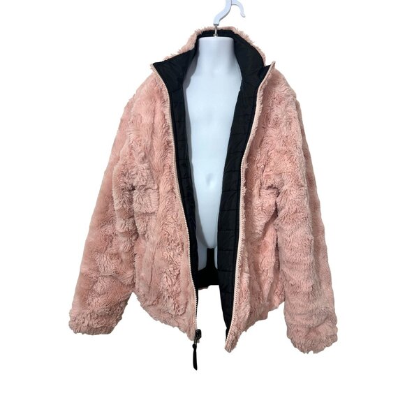 Me Jane Girls’ Reversible Jacket Black Puffer Pink Faux Fur 12 Zip Band Collar - Picture 12 of 13